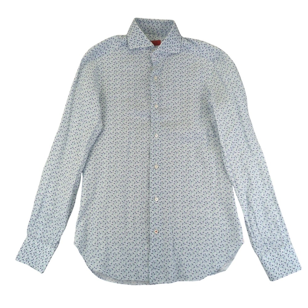 ISAIA NAPOLI Men's Blue Floral Print 100% Linen Button Down Dress Shirt 15 38
